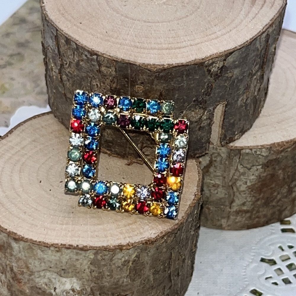 Vintage Gold-Tone Intertwined Multi-Colored Rhinestone Square Brooch